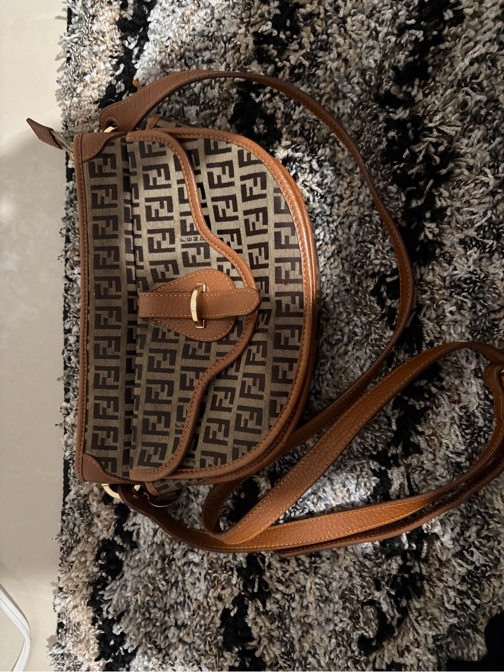 Brown Fendi Monogram Crossbody Bag with Leather Trim
